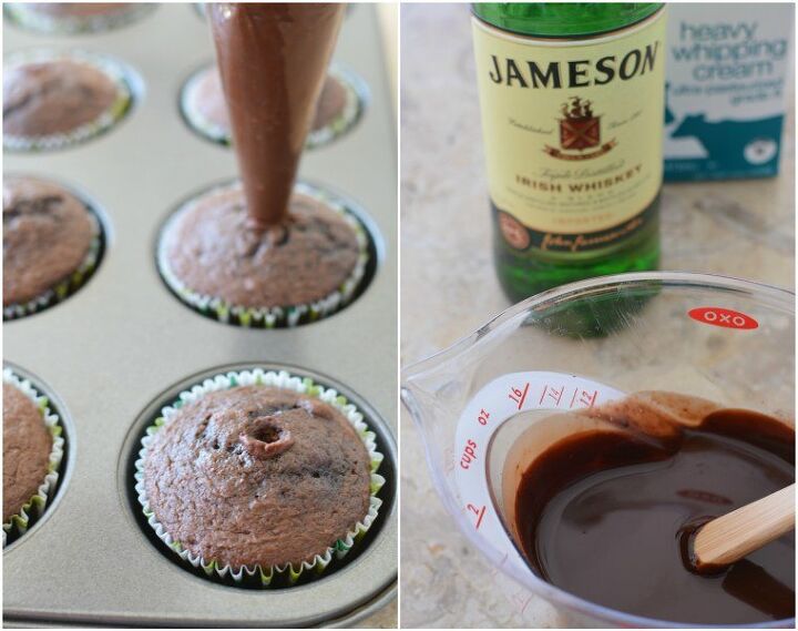 chocolate stout cupcakes with whiskey ganache and irish cream frosting