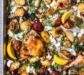 sheet pan chicken and potatoes with feta lemon and dill