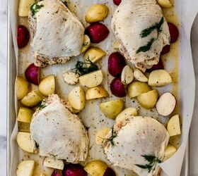 sheet pan chicken and potatoes with feta lemon and dill