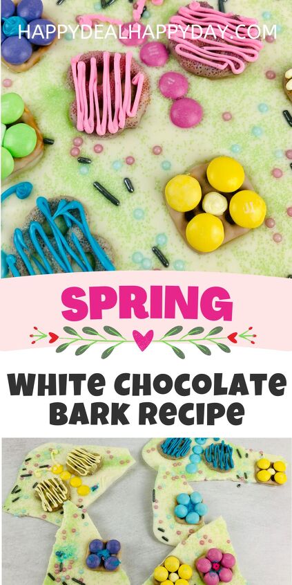 spring white chocolate bark recipe with pretzel flowers butterflies