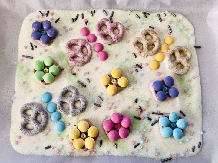 spring white chocolate bark recipe with pretzel flowers butterflies