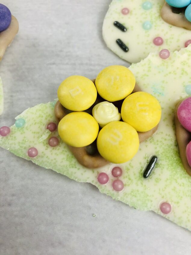 spring white chocolate bark recipe with pretzel flowers butterflies