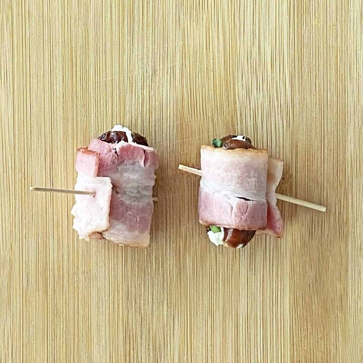 bacon wrapped dates with goat cheese and basil