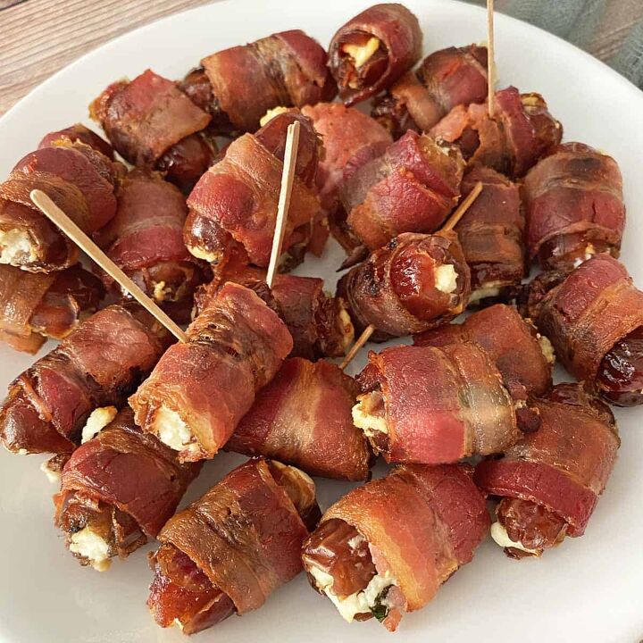 bacon wrapped dates with goat cheese and basil