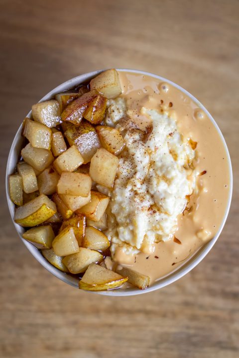 millet porridge, Millet porridge with caramelised pears topped with almond butter