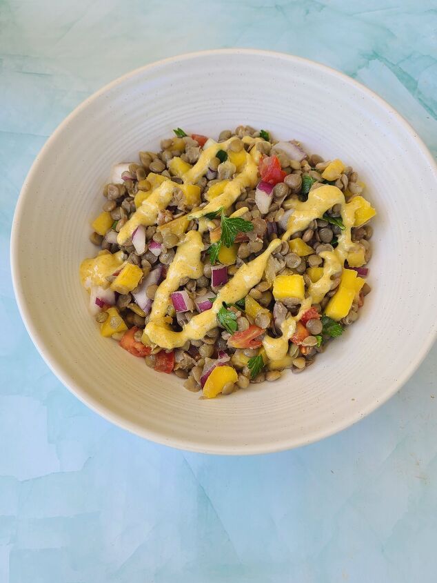 mango and lentil salad with creamy curry dressing