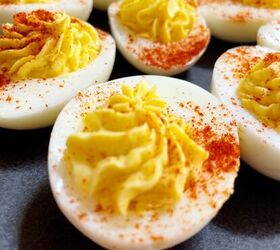 healthy deviled eggs recipe, Completed deviled eggs sprinkled with paprika