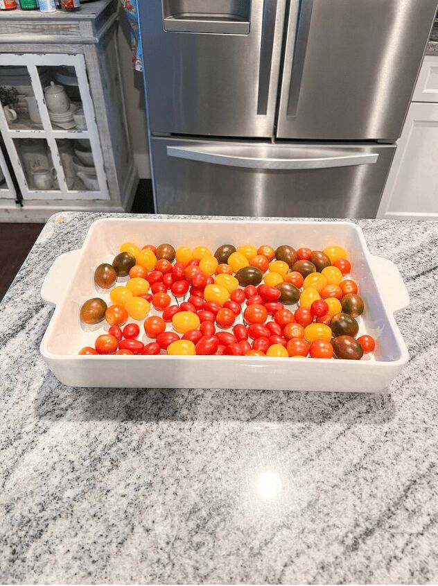 tiktok pasta, Throw all your cherry tomatoes into a baking dish You can see here I used some leftover grape tomatoes I had laying around too