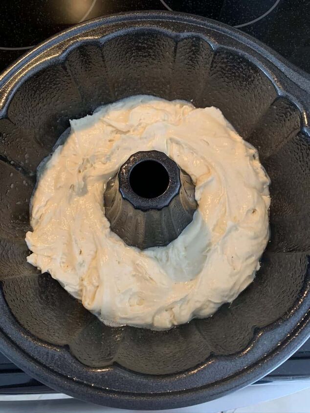 sour cream coffee cake, Half of the batter in the pan