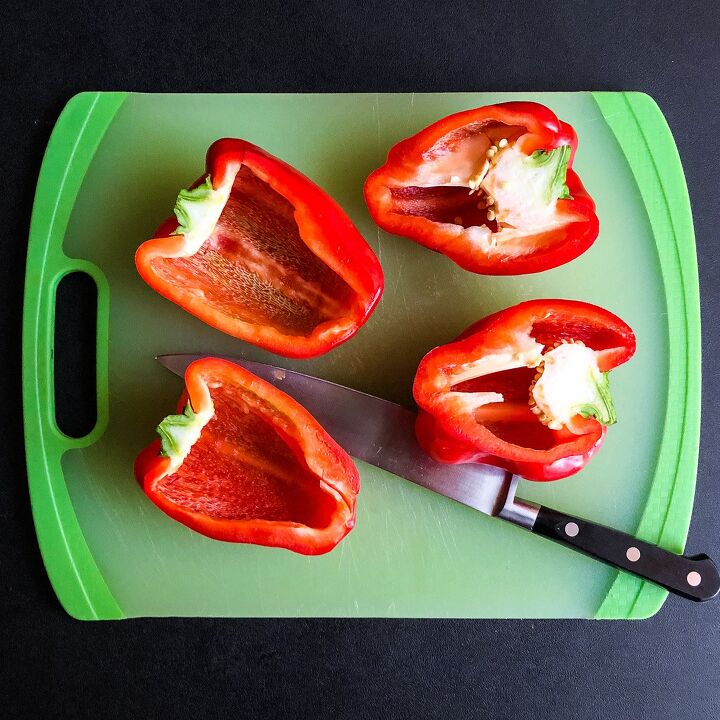 ultimate pizza stuffed peppers, Slice peppers in half and remove ribs and seeds