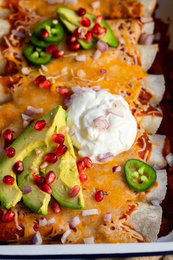 black bean butternut squash enchiladas with a homemade red sauce, Is there anything better than cheesy enchiladas