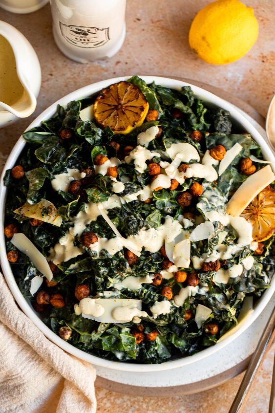 vegan kale caesar salad with crunchy turmeric chickpeas, This vegan caesar dressing is the perfect balance of salty creamy and tangy