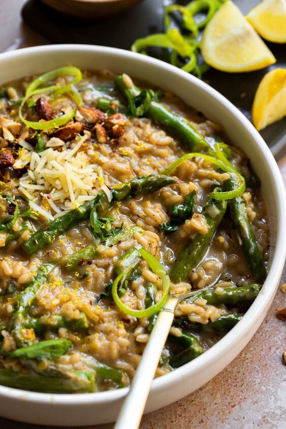 lemony asparagus risotto with leeks and garlic almonds
