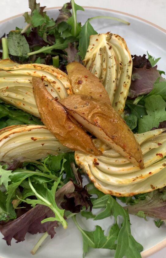 roasted fennel and pears with green goddess vinaigrette