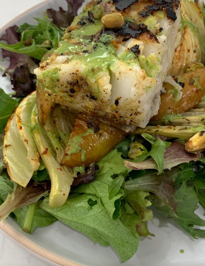 roasted fennel and pears with green goddess vinaigrette