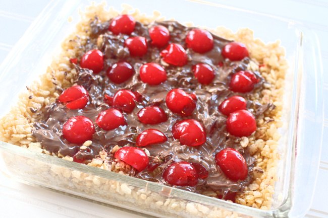 no bake chocolate cereal bars with maraschino cherries
