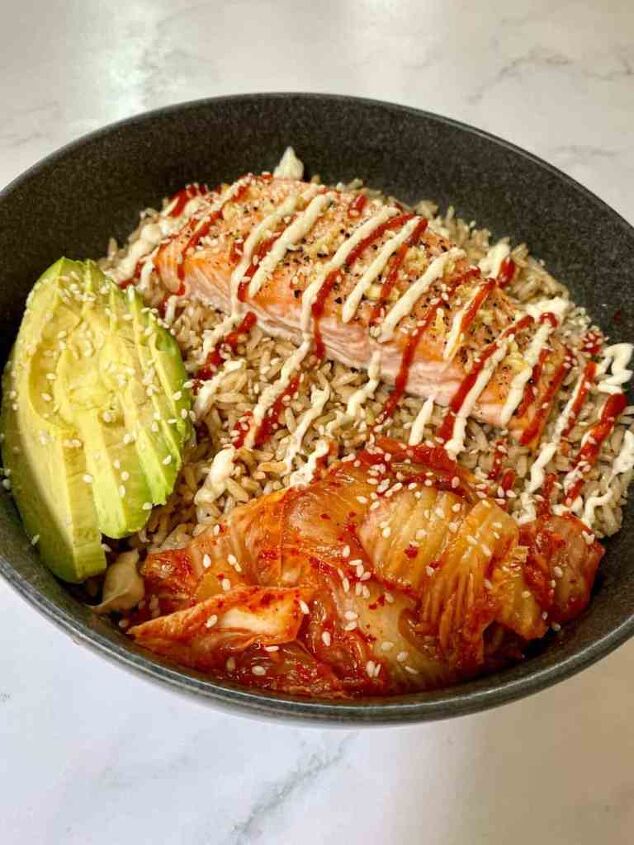 spicy salmon bowl with kimchi and avocado happy honey kitchen