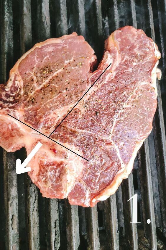 how to make perfect t bone steaks on the grill, Note the direction of the top of the T Let it sear for 2 3 minutes