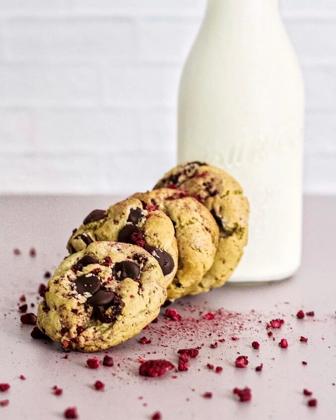 rich dark chocolate chip cookies with freeze dried raspberries
