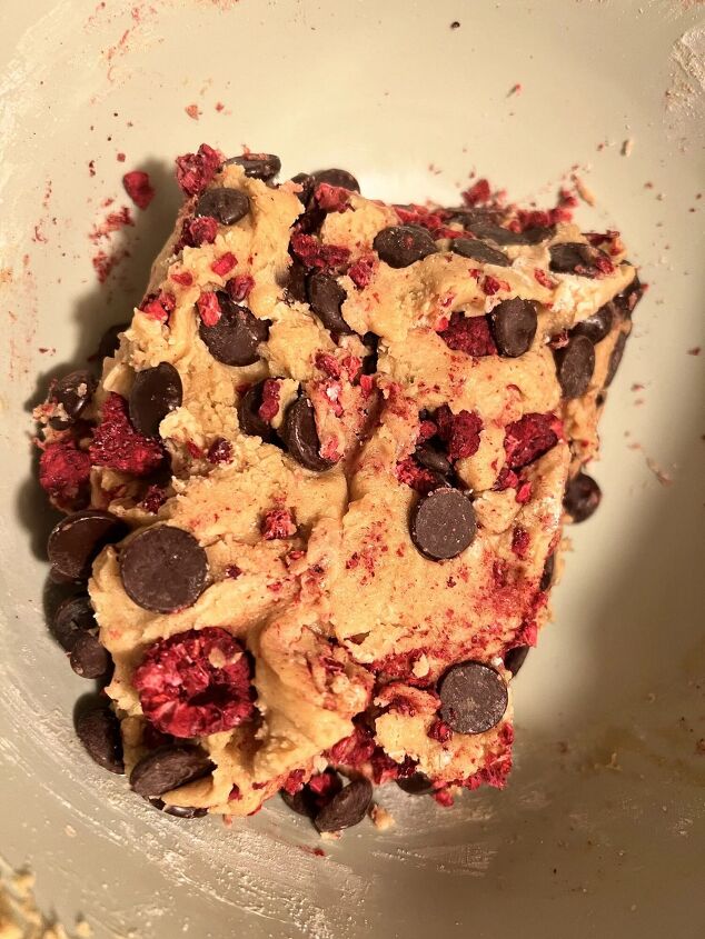 rich dark chocolate chip cookies with freeze dried raspberries