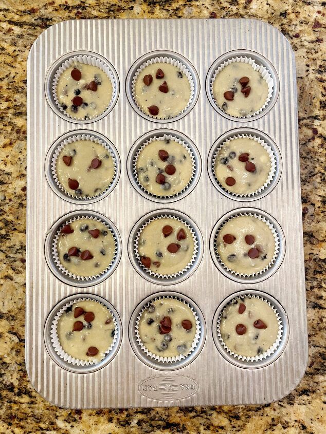 blueberry chocolate chip muffins, Filled muffin tin ready to go into the oven