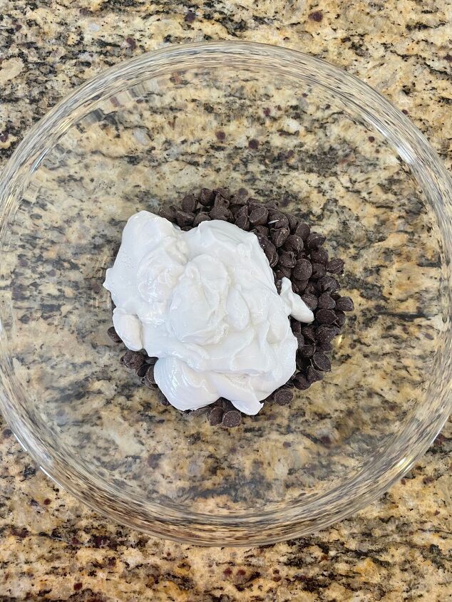 vegan chocolate truffles, Coconut cream and chocolate chips together in a bowl ready to go in the microwave