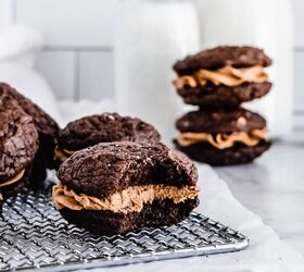 Two fudgy, dense, gooey brownie cookies filled with luscious espresso buttercream
