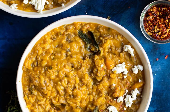 creamy butternut squash orzo with sausage