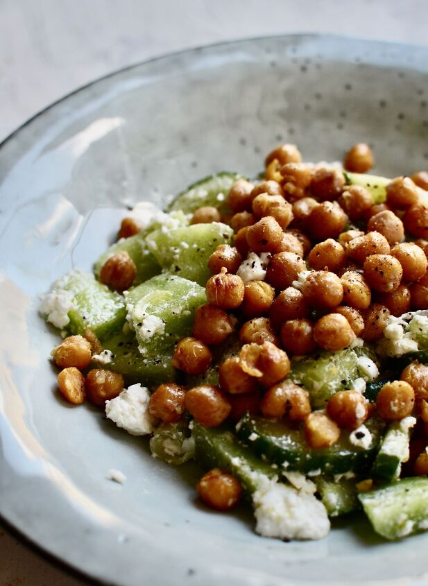 green melon cucumber and feta salad with crispy chickpeas