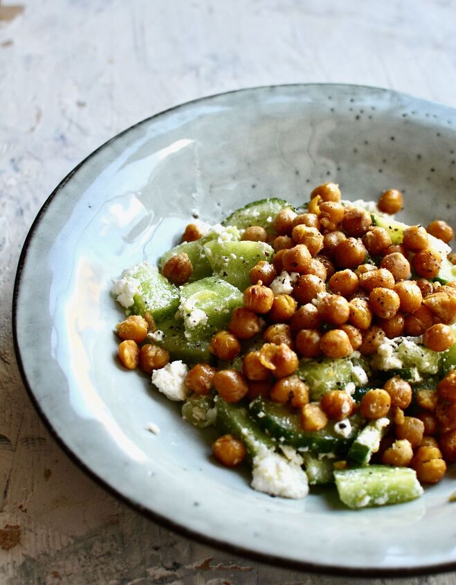 green melon cucumber and feta salad with crispy chickpeas