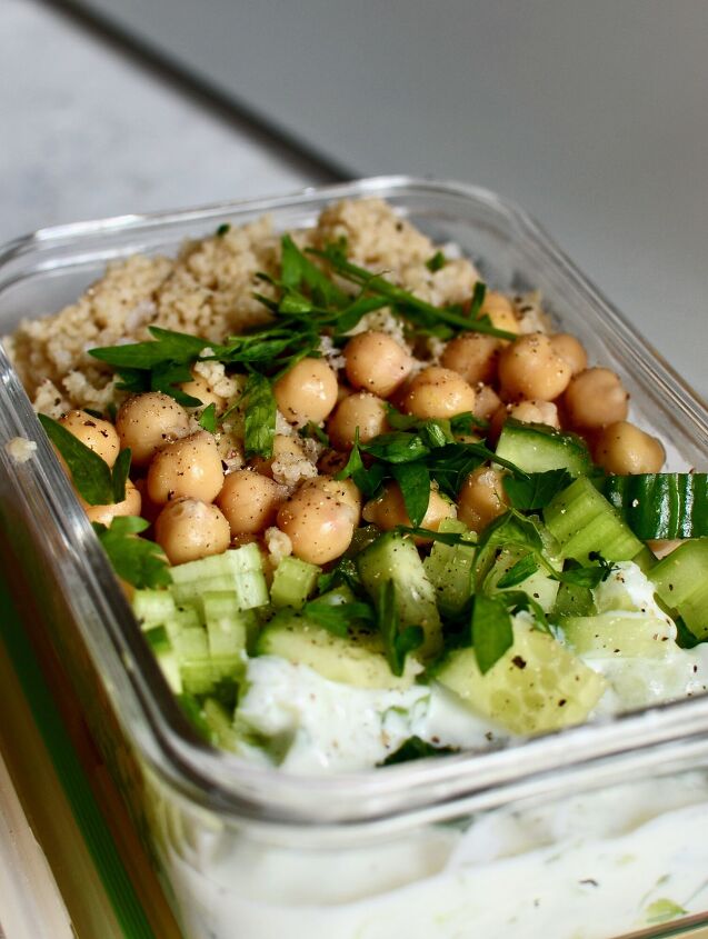 lunchbox series cous cous chickpeas chopped cucumber and tzatziki