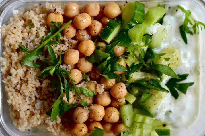 lunchbox series cous cous chickpeas chopped cucumber and tzatziki