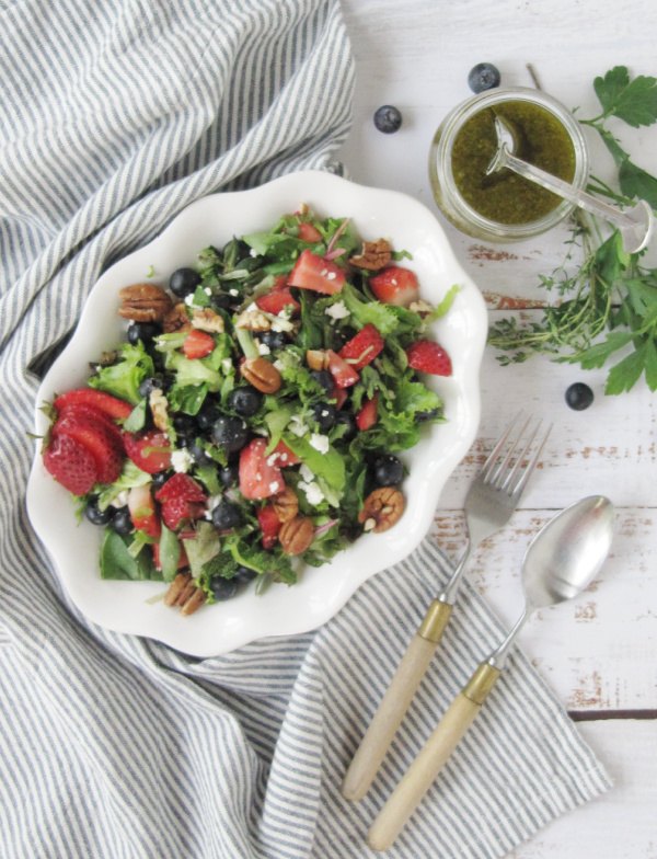 strawberry and fresh herb salad with blueberries and feta