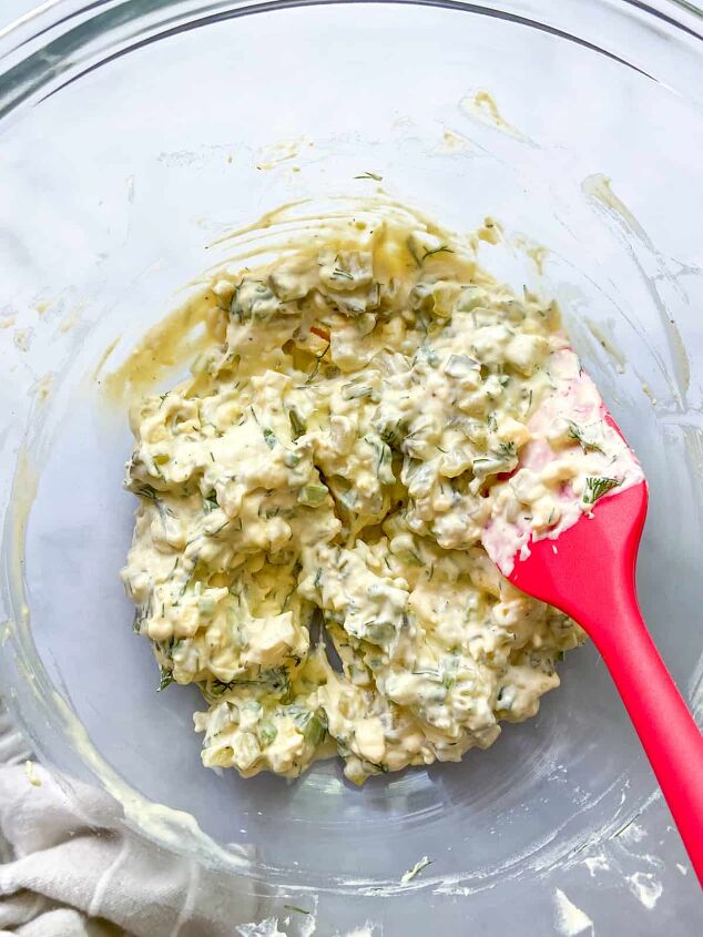 easy egg salad with pickles, Mix in the celery pickles dill and green onions