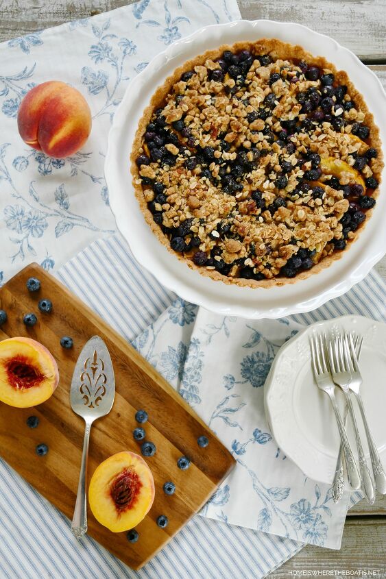 peach blueberry crumble tart with pecan shortbread crust