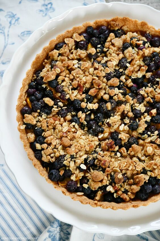 peach blueberry crumble tart with pecan shortbread crust