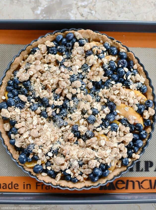 peach blueberry crumble tart with pecan shortbread crust