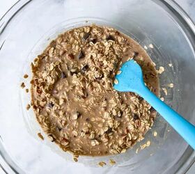 protein baked oatmeal with chocolate chunks, Mix the wet ingredients into the dry
