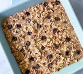 protein baked oatmeal with chocolate chunks, Transfer mixture to a baking dish and bake