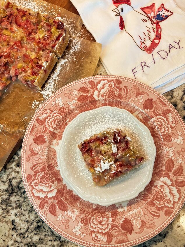 strawberry rhubarb bars, Do you see the pretty vintage embroidered tea towel I inherited from my mother and grandmothers in the corner there You can read all about these beauties HERE