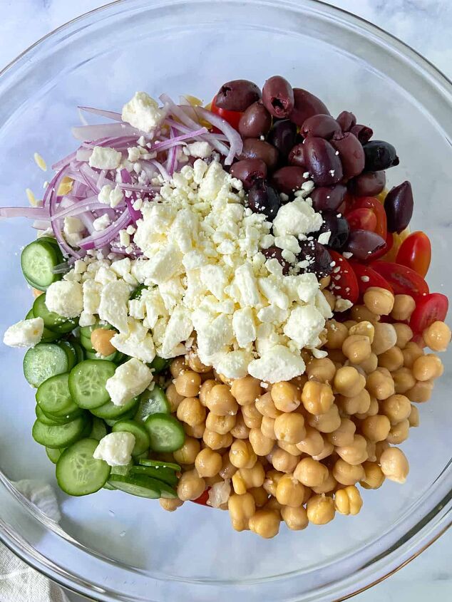 greek orzo salad with feta and chickpeas, Toss the ingredients together