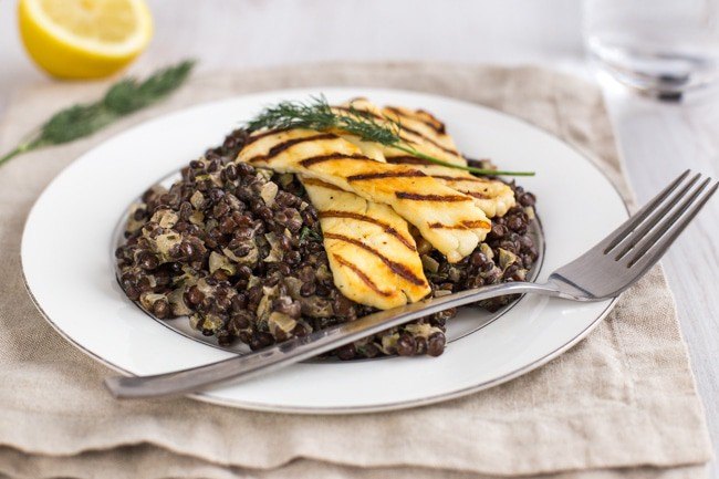 creamy dill and caper lentils with grilled halloumi