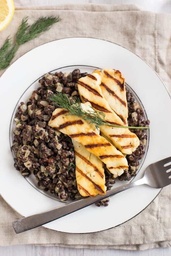 creamy dill and caper lentils with grilled halloumi