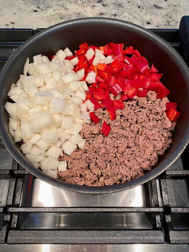 homemade sloppy joes on texas toast happy honey kitchen, Step 2 add onions and peppers to browned meat
