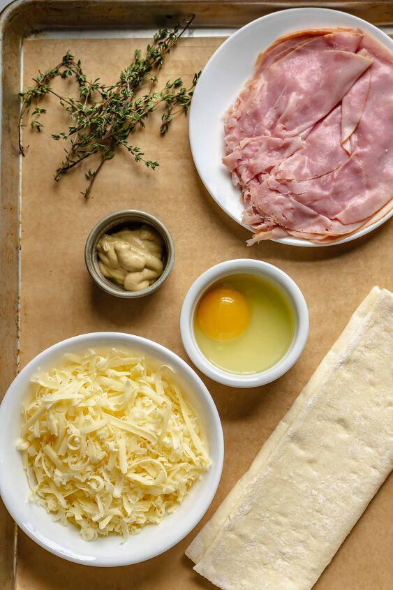 puff pastry ham and cheese turnovers, Fresh thyme ham dijon egg shredded cheese puff pastry