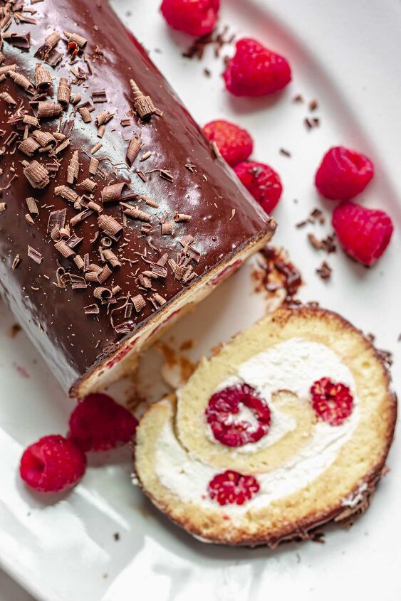 raspberry vanilla swiss roll with chocolate ganache