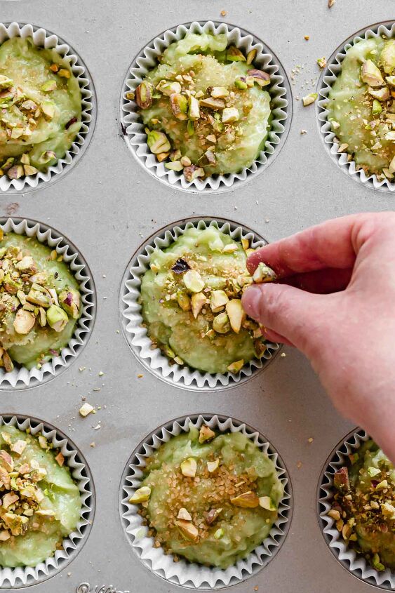 bakery style pistachio muffins, Sprinkle on crushed pistachios and coarse sugar