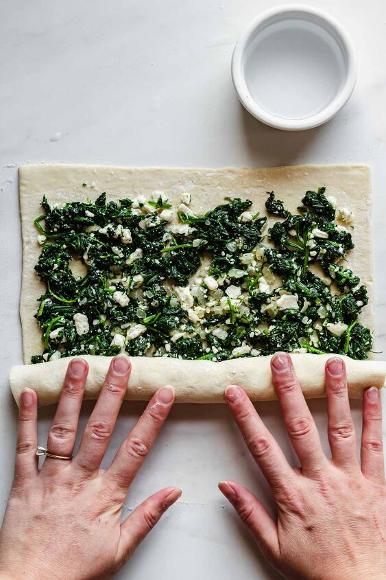 spinach and feta pinwheels, Add the mixture then roll it up tightly