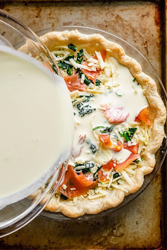 smoked salmon and spinach quiche, Pour the dairy over the quiche fillings