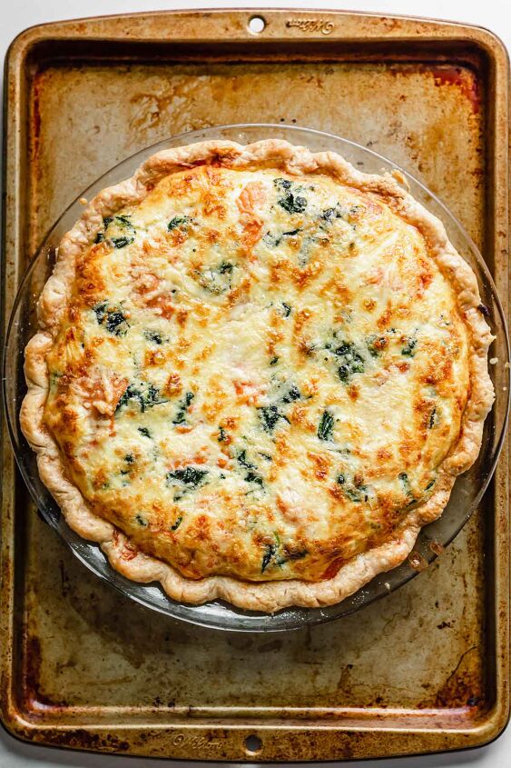 smoked salmon and spinach quiche, Baked quiche still puffy immediately after bake time